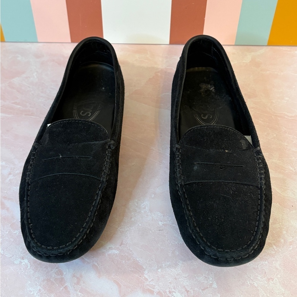 Tod's Elegant Black Italian Suede Gommino Driving Loafers size 37.5 | us7-7.5